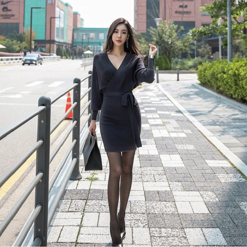 Women's Autumn Casual Sheath V-Neck Sweater Short Dress