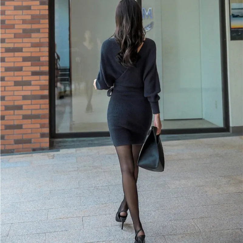 Women's Autumn Casual Sheath V-Neck Sweater Short Dress