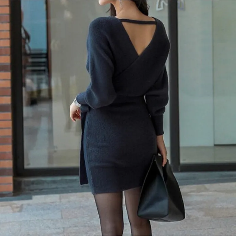Women's Autumn Casual Sheath V-Neck Sweater Short Dress