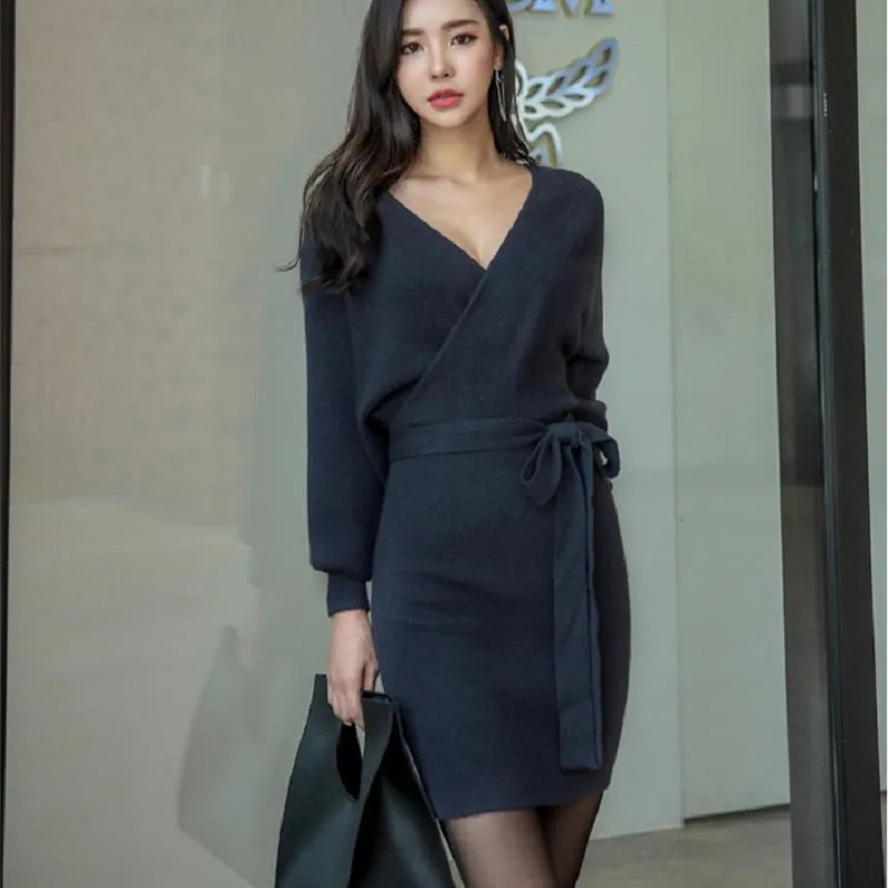 Women's Autumn Casual Sheath V-Neck Sweater Short Dress