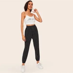 Women's Casual Striped Polyester Mid-Waist Pants