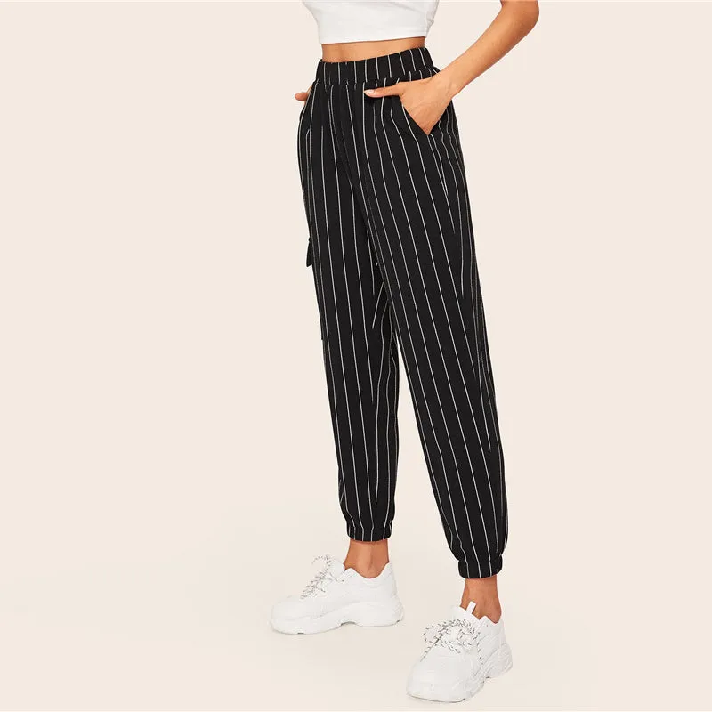 Women's Casual Striped Polyester Mid-Waist Pants