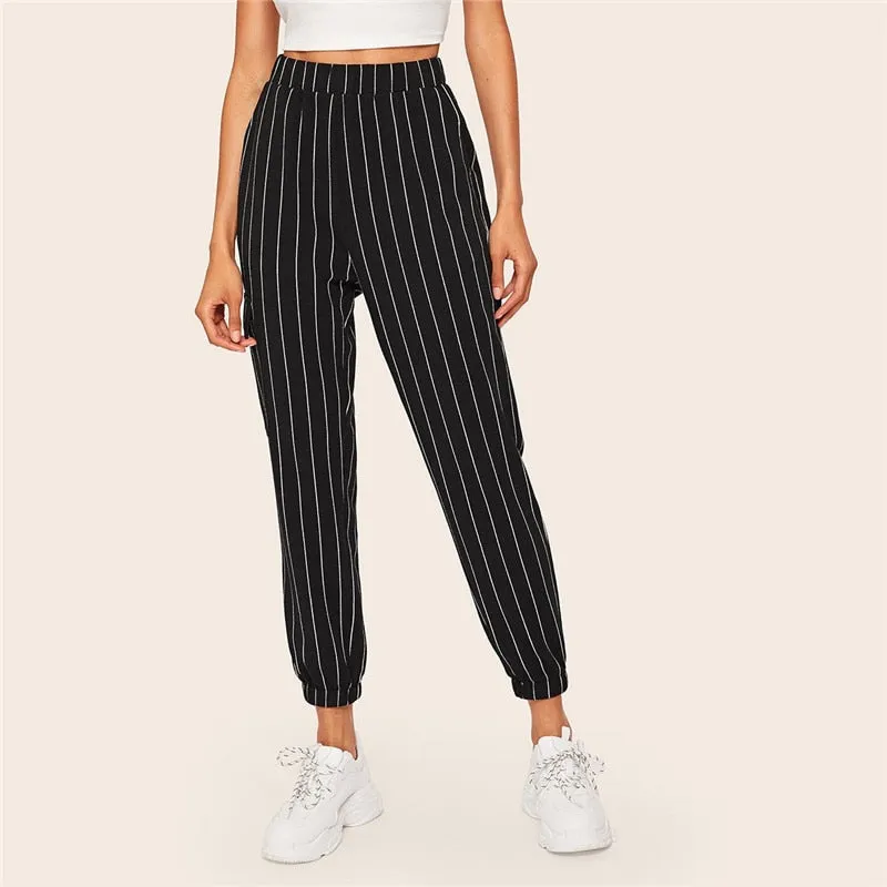 Women's Casual Striped Polyester Mid-Waist Pants