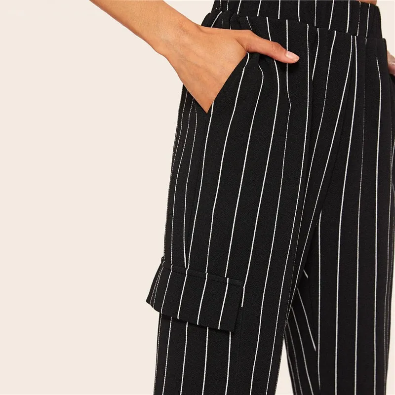Women's Casual Striped Polyester Mid-Waist Pants