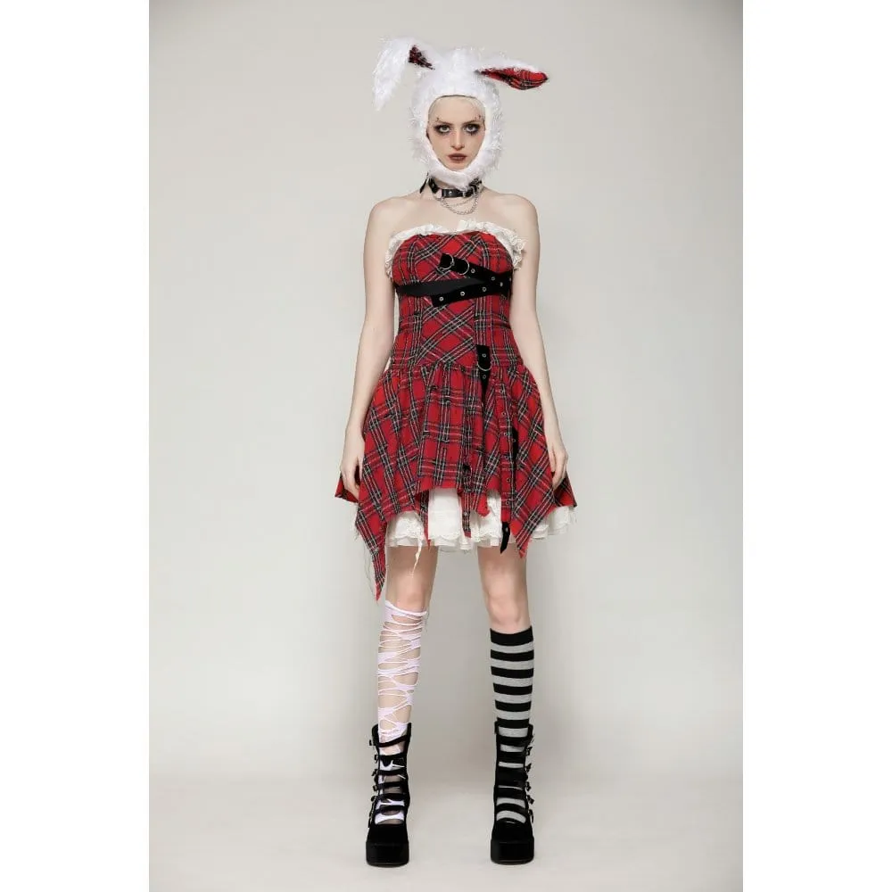 Women's Grunge Buckle-up Ripped Plaid Dress Red