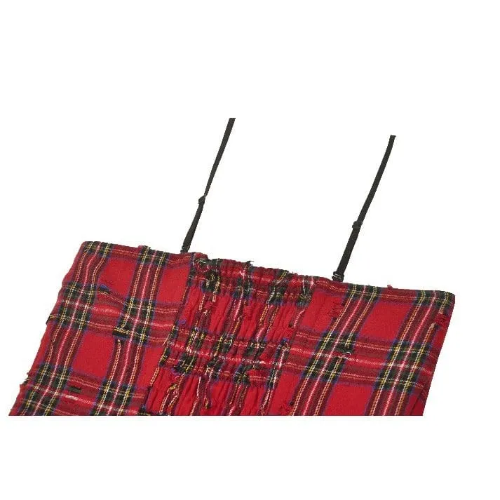 Women's Grunge Buckle-up Ripped Plaid Dress Red
