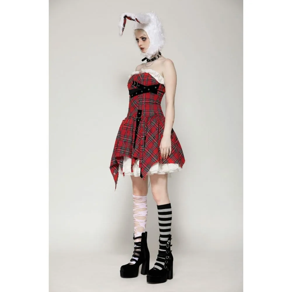 Women's Grunge Buckle-up Ripped Plaid Dress Red