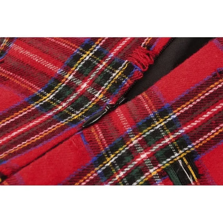 Women's Grunge Buckle-up Ripped Plaid Dress Red