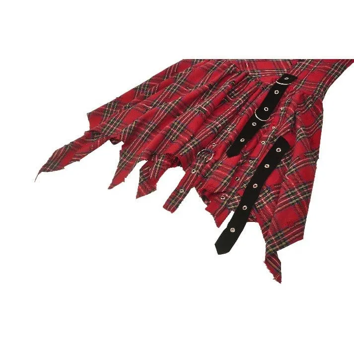 Women's Grunge Buckle-up Ripped Plaid Dress Red