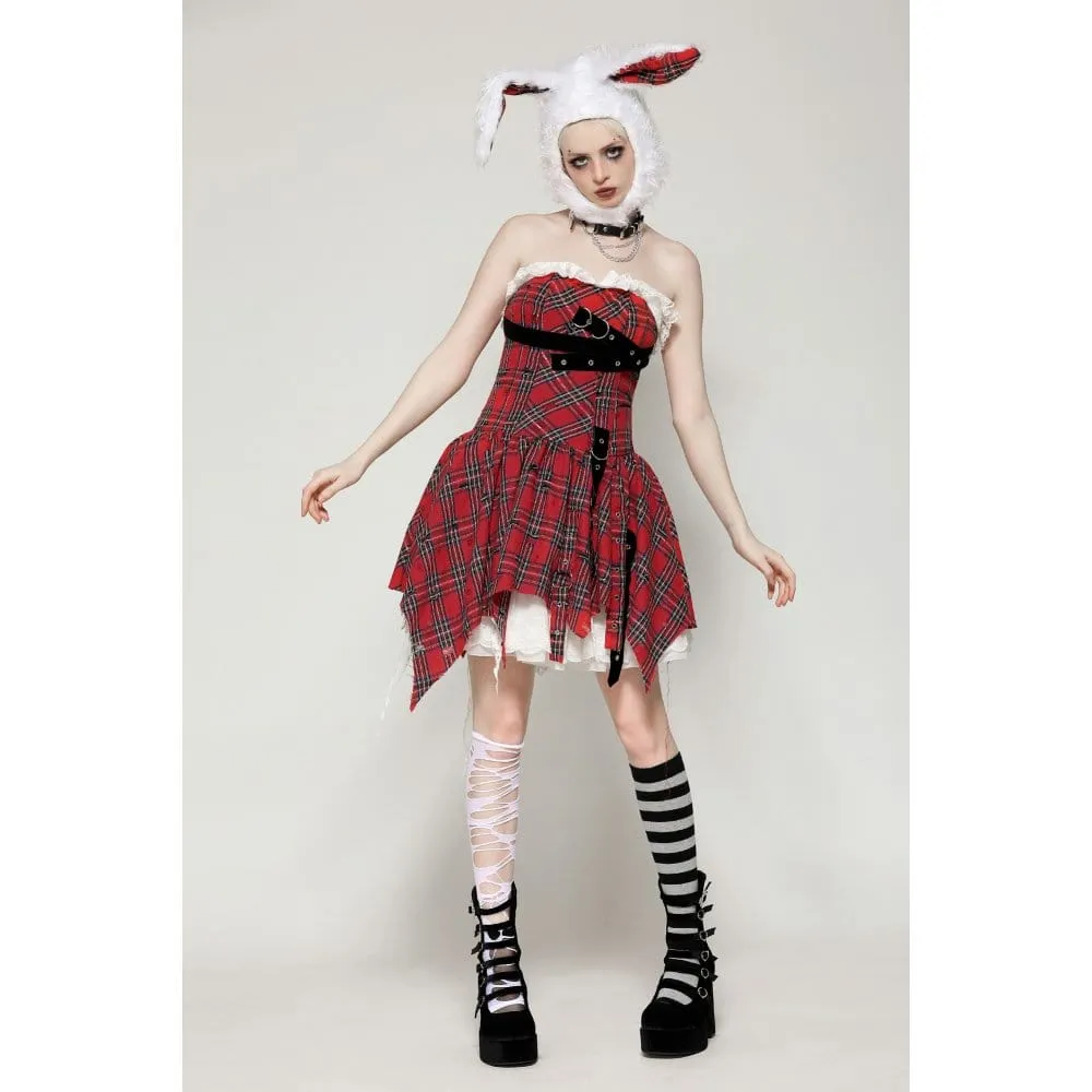 Women's Grunge Buckle-up Ripped Plaid Dress Red