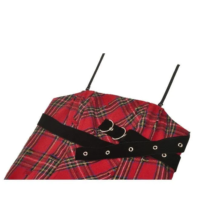 Women's Grunge Buckle-up Ripped Plaid Dress Red