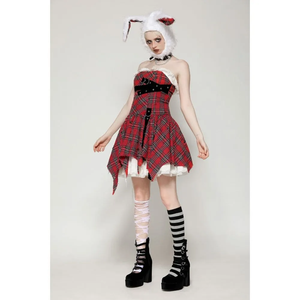Women's Grunge Buckle-up Ripped Plaid Dress Red