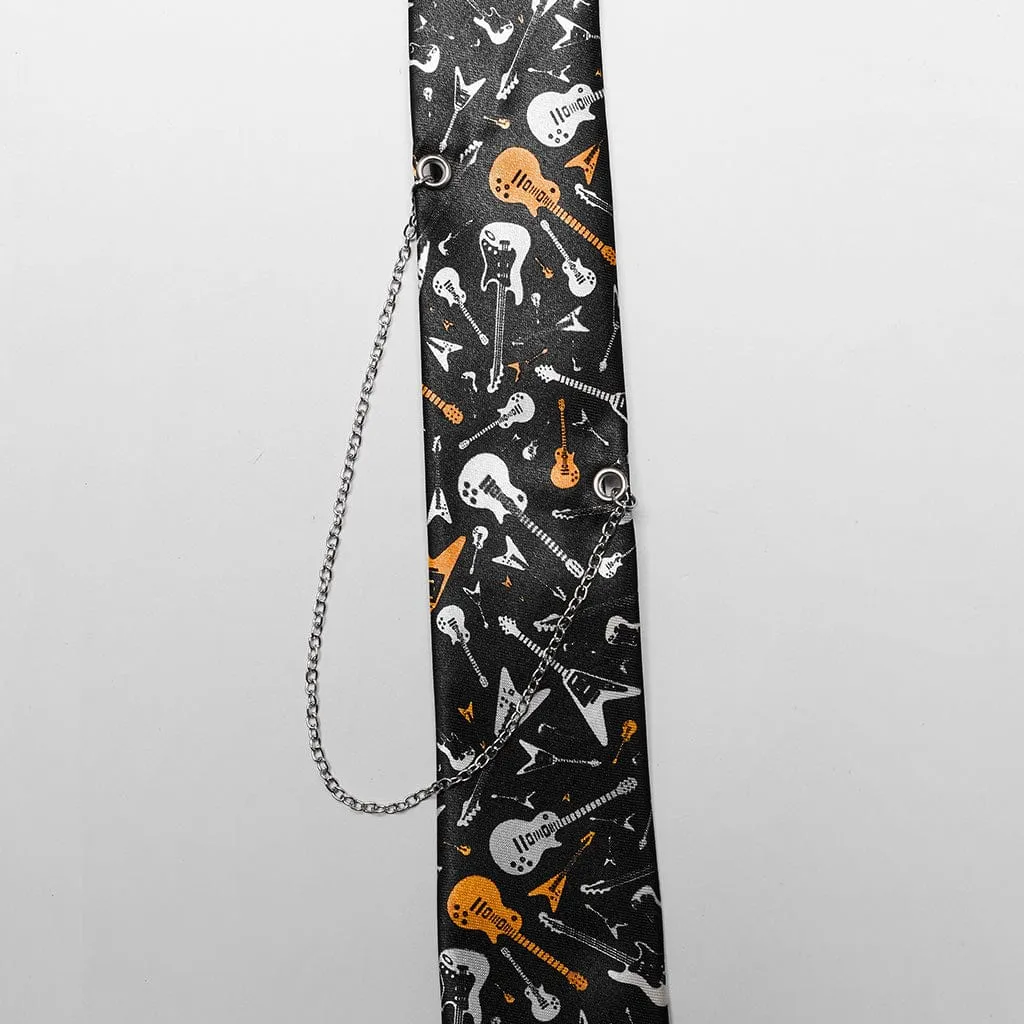 Women's Punk Guitar Printed Tie with Chain
