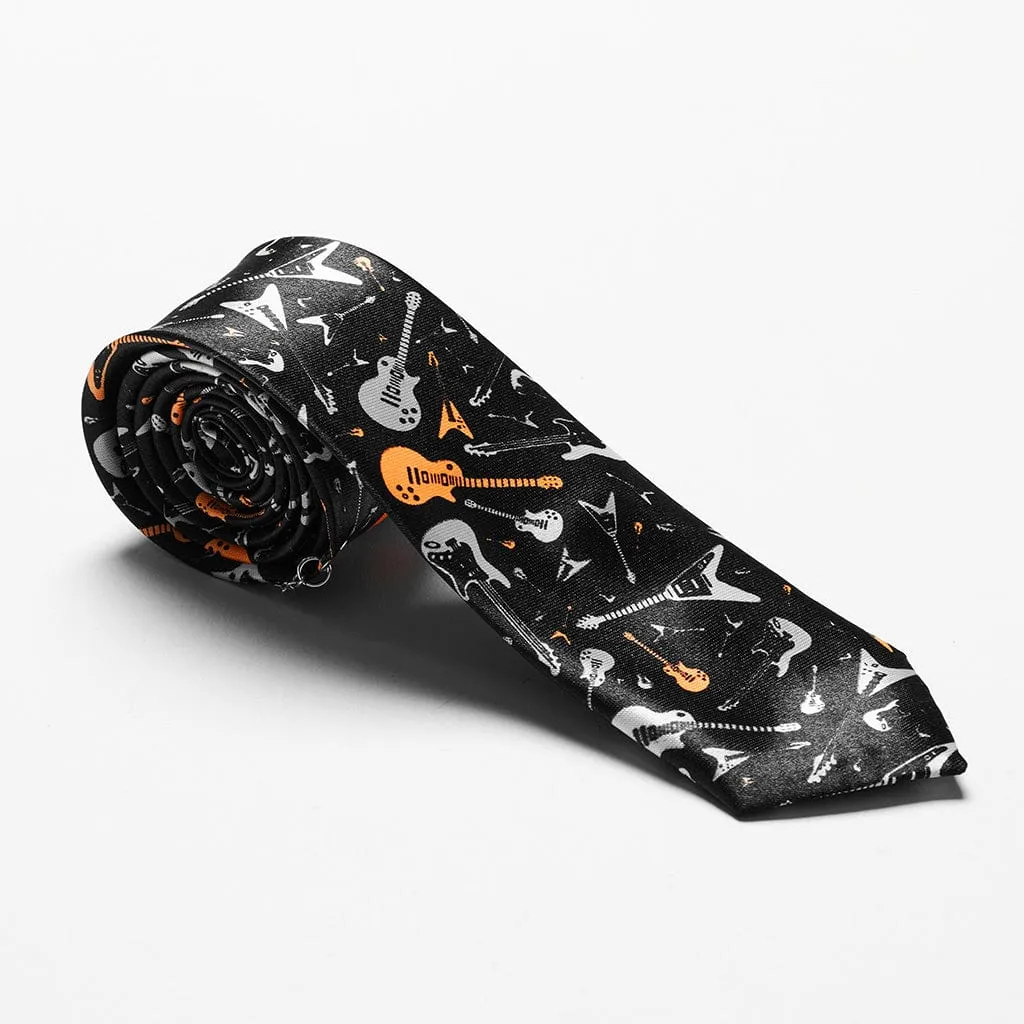 Women's Punk Guitar Printed Tie with Chain