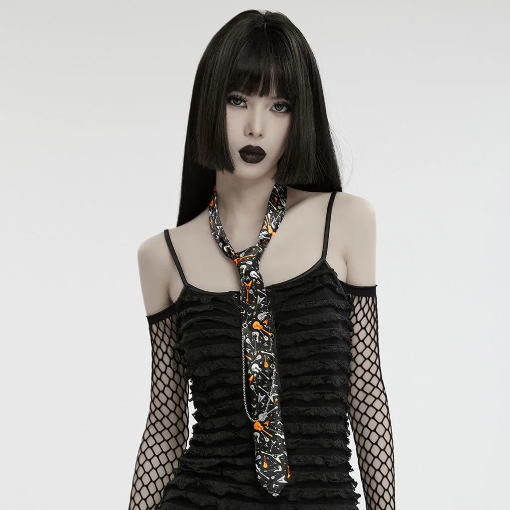 Women's Punk Guitar Printed Tie with Chain
