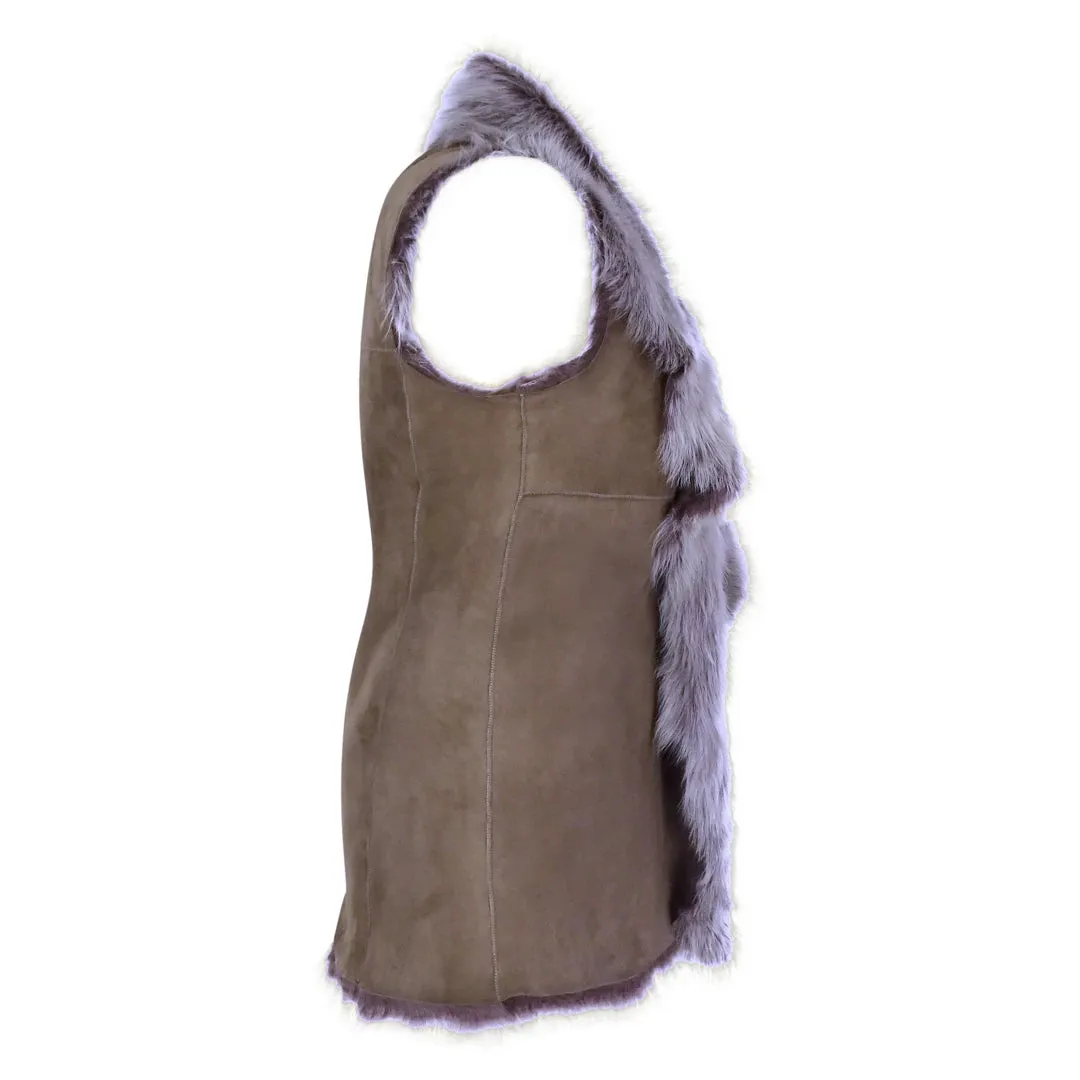 Women's Spanish Shearling Sheepskin Toscana Taupe Long Waistcoat Gilet