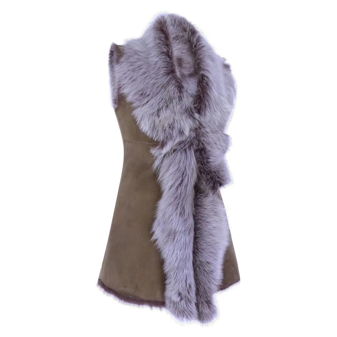Women's Spanish Shearling Sheepskin Toscana Taupe Long Waistcoat Gilet