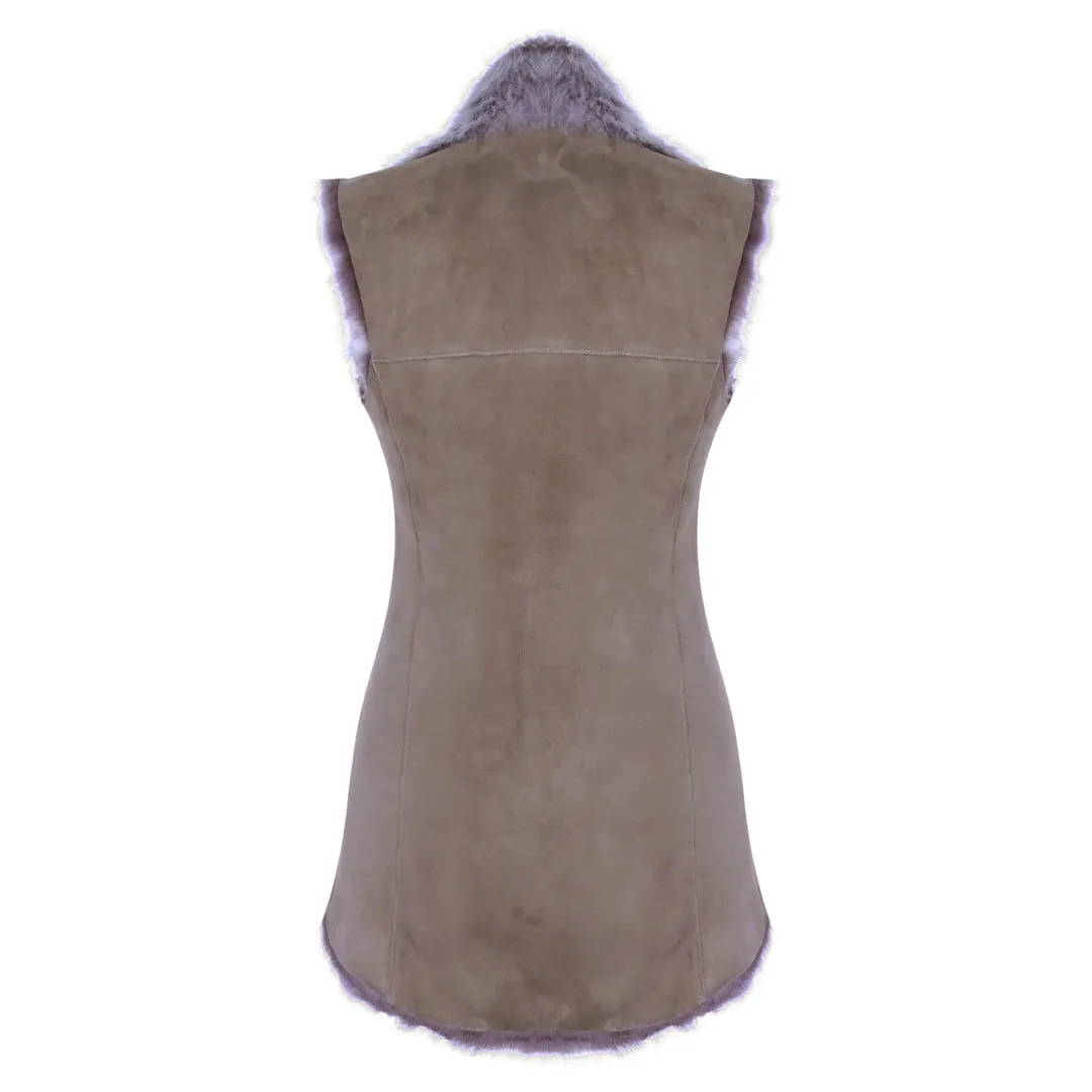 Women's Spanish Shearling Sheepskin Toscana Taupe Long Waistcoat Gilet
