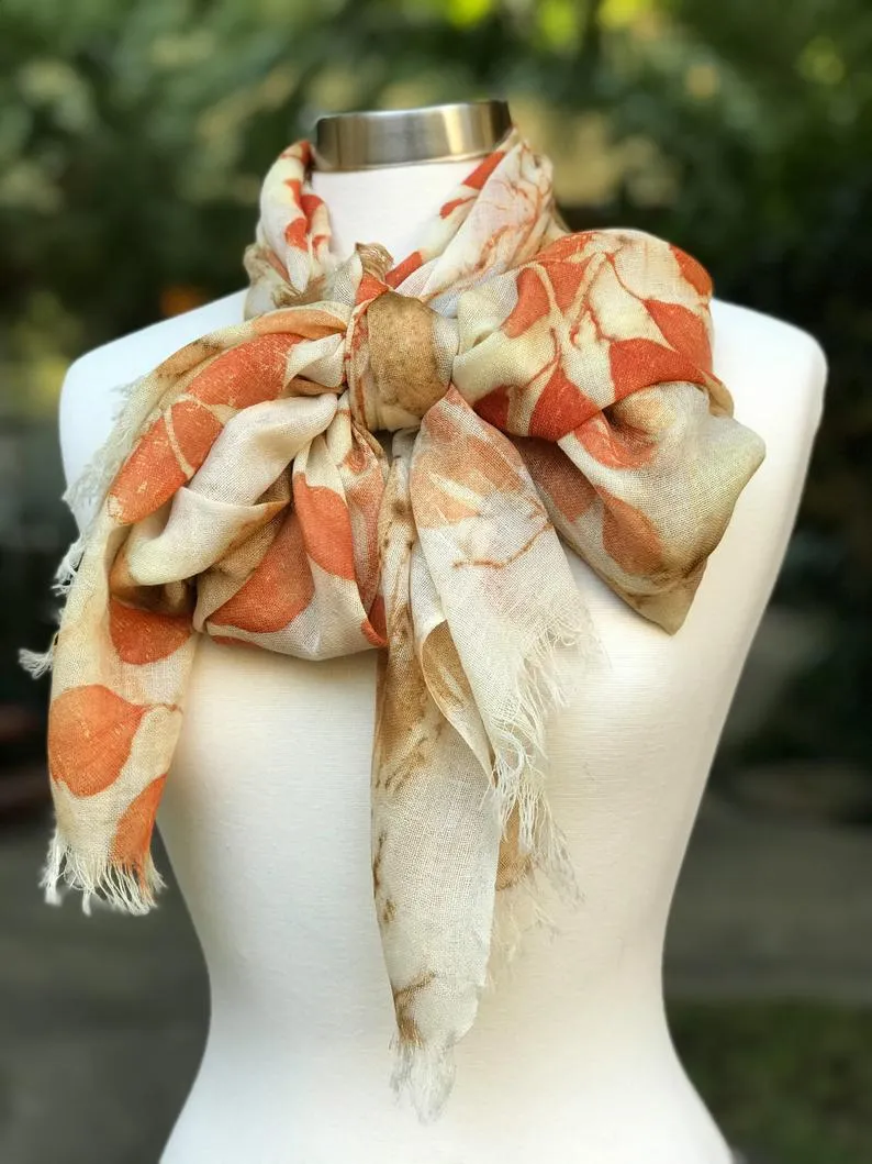 Wool Scarf with Eco Print for Women, Eco-printed Merino Wool Scarf, Botanical Printing Scarf for Wedding