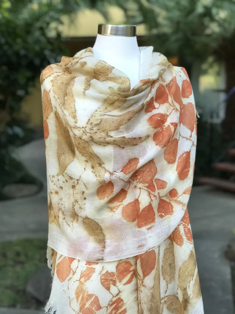Wool Scarf with Eco Print for Women, Eco-printed Merino Wool Scarf, Botanical Printing Scarf for Wedding