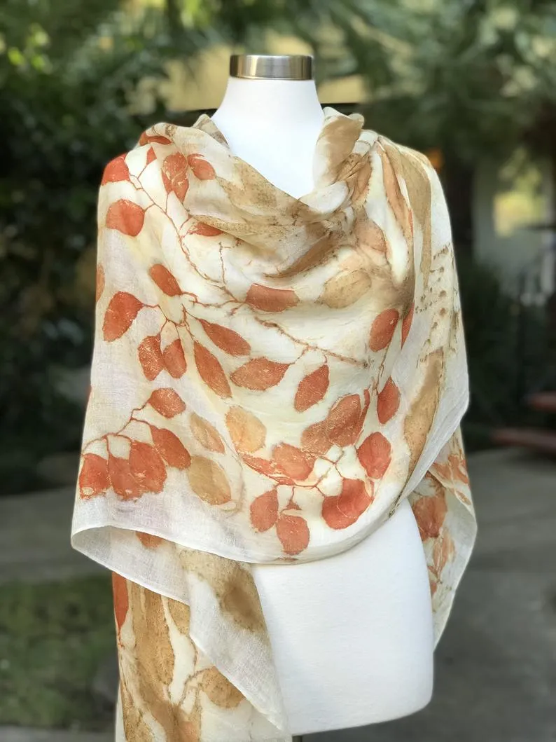 Wool Scarf with Eco Print for Women, Eco-printed Merino Wool Scarf, Botanical Printing Scarf for Wedding