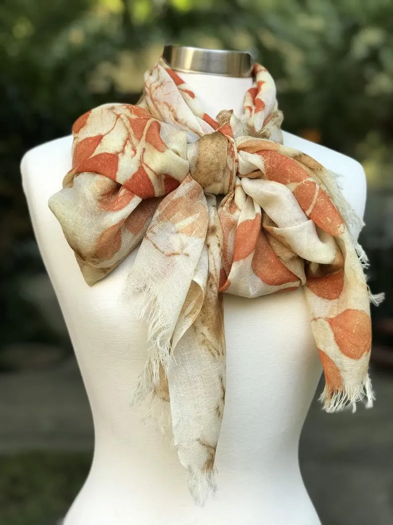 Wool Scarf with Eco Print for Women, Eco-printed Merino Wool Scarf, Botanical Printing Scarf for Wedding
